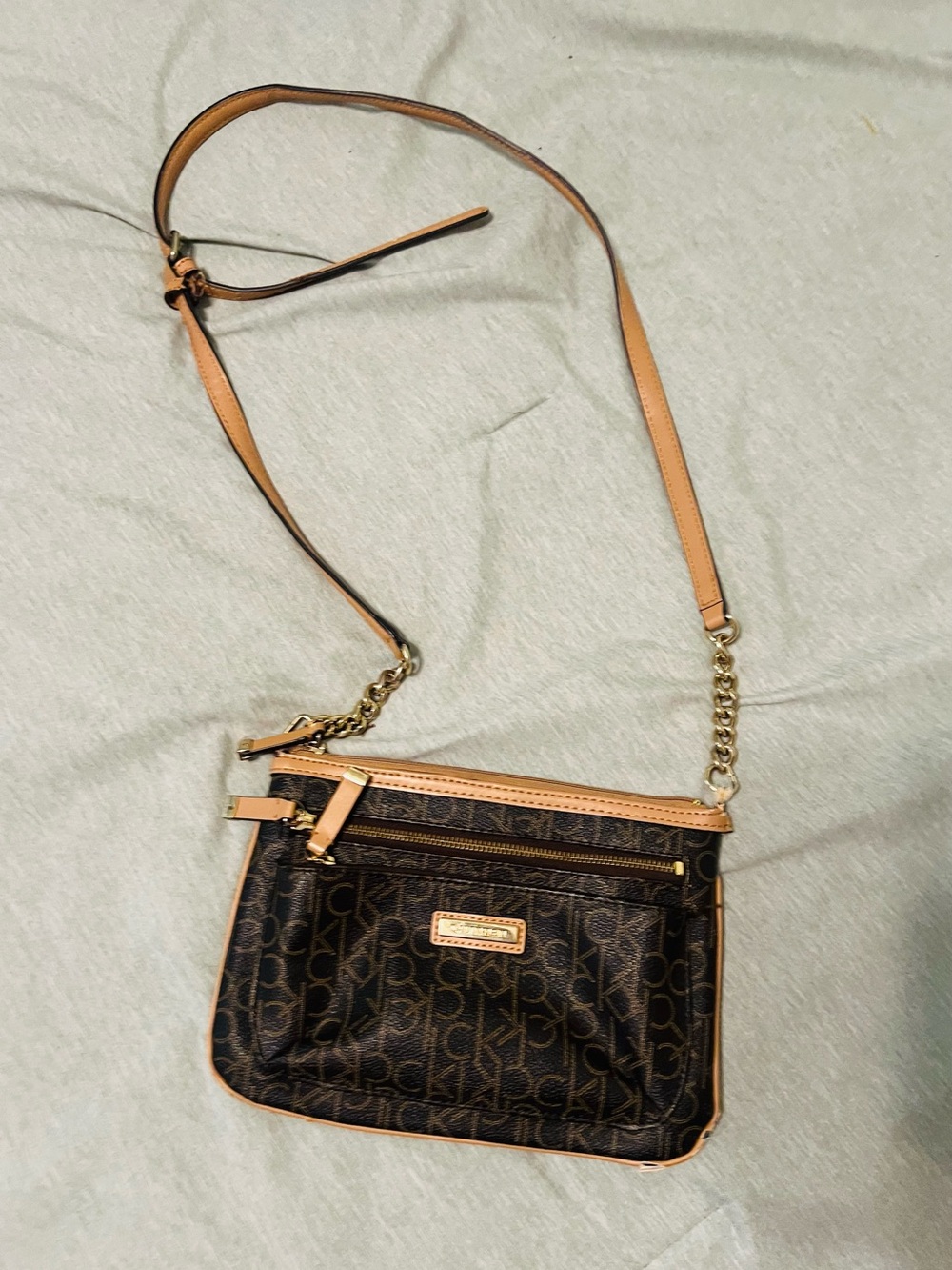 Calvin Klein Brown Monogram Crossbody with Tan Trim